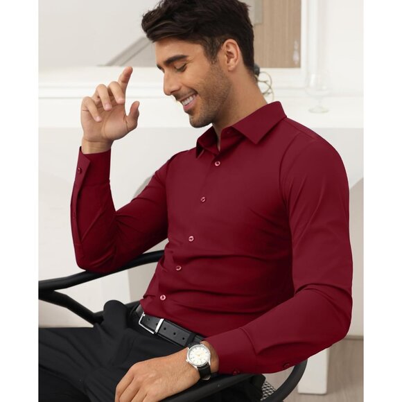 Men's Rose Long Sleeve Slim Muscle Fit Wrinkle Free Button Down Dress Shirts - Picture 5 of 9
